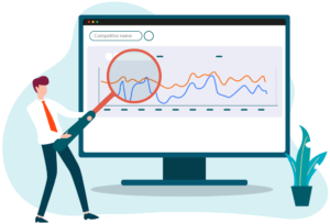 Smart Alert Triggers Illustration of a man holding a magnifying glass up to a graph of competitor research