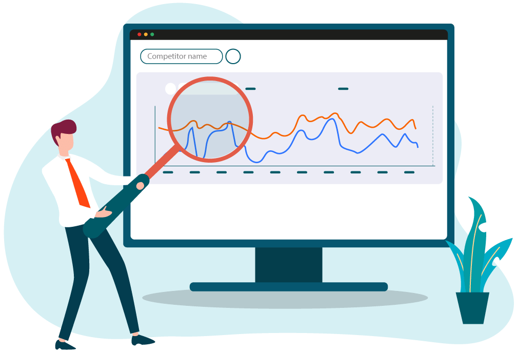 Smart Alert Triggers Illustration of a man holding a magnifying glass up to a graph of competitor research